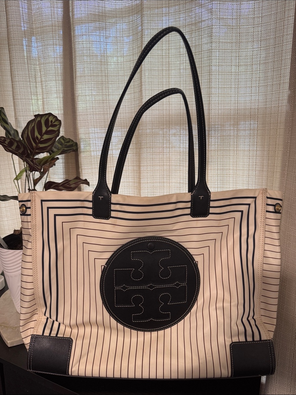 Tory Burch Cream Canvas Tote with Black Trim and Logo